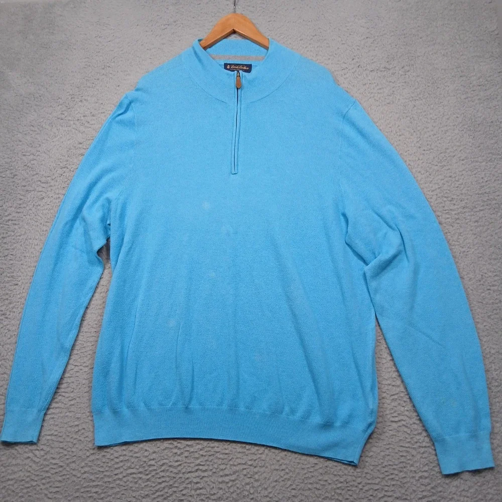 Brooks Brothers Men's XXL Blue 1/4 Zip‎ Sweater Cotton Silk Cashmere Blend Read